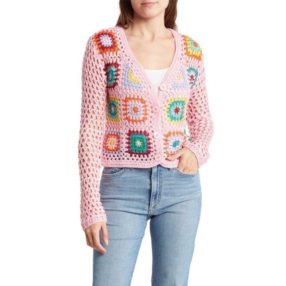 Cotton Emporium Women's Patchwork Crochet‎ Button Up Cardigan Pink Size M